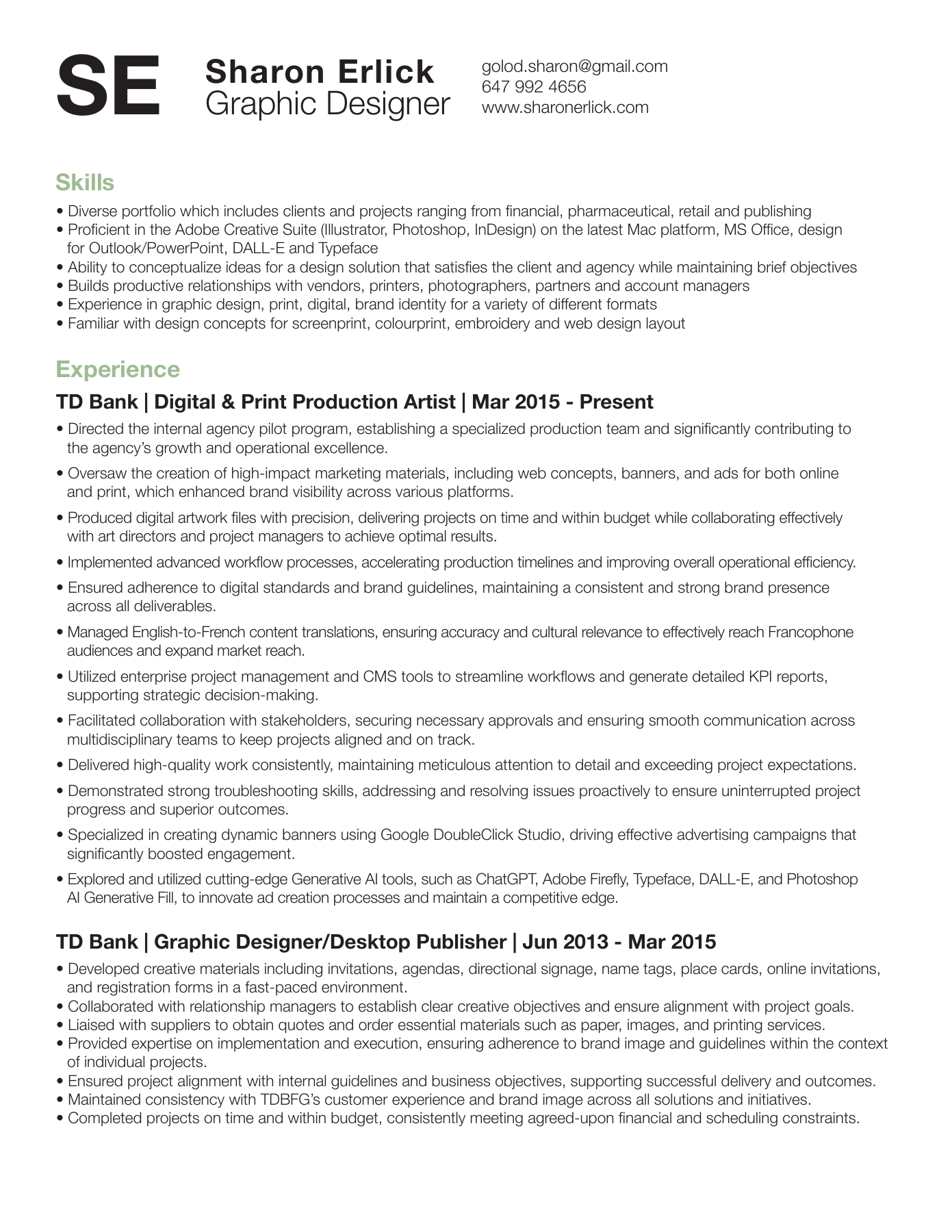 Sharon Erlick’s resume, page 1 of 3. Download the PDF above for selectable text.